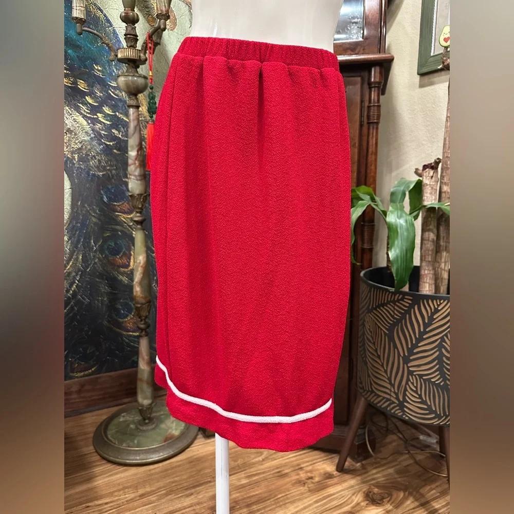 Vintage 60s 70s Red Terry Cloth Pencil Skirt White Piping Mod Retro Midi S/M